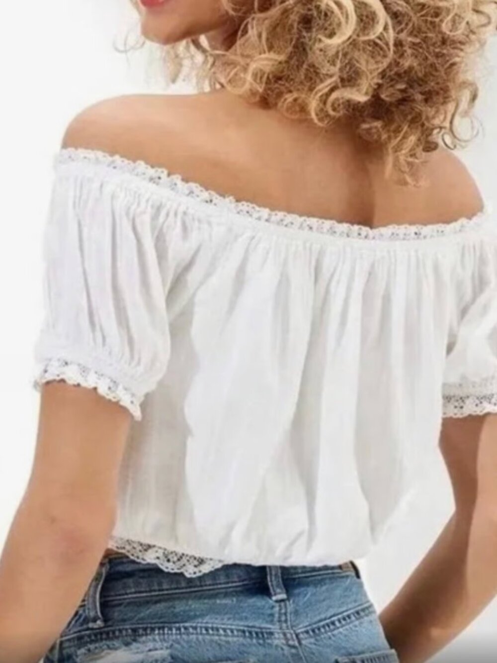 American Eagle Cream Off Shoulder Crochet Trim Peasant Crop Top XS